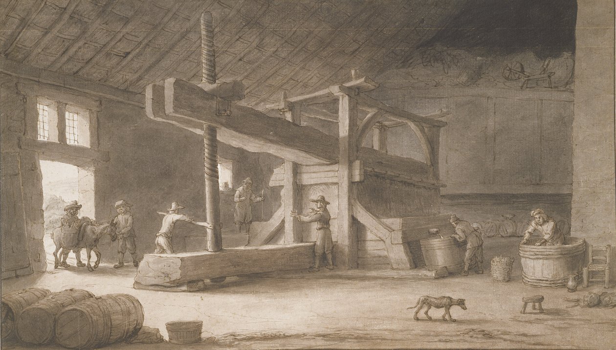 Vinpresse af Monsieur Dittyl, uden for Nantes, ca. 1670 (pen og blæk med vask på papir) af Lambert Doomer