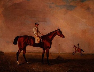 Bay væddeløbshest med jockey på en væddeløbsbane af Lambert Marshall
