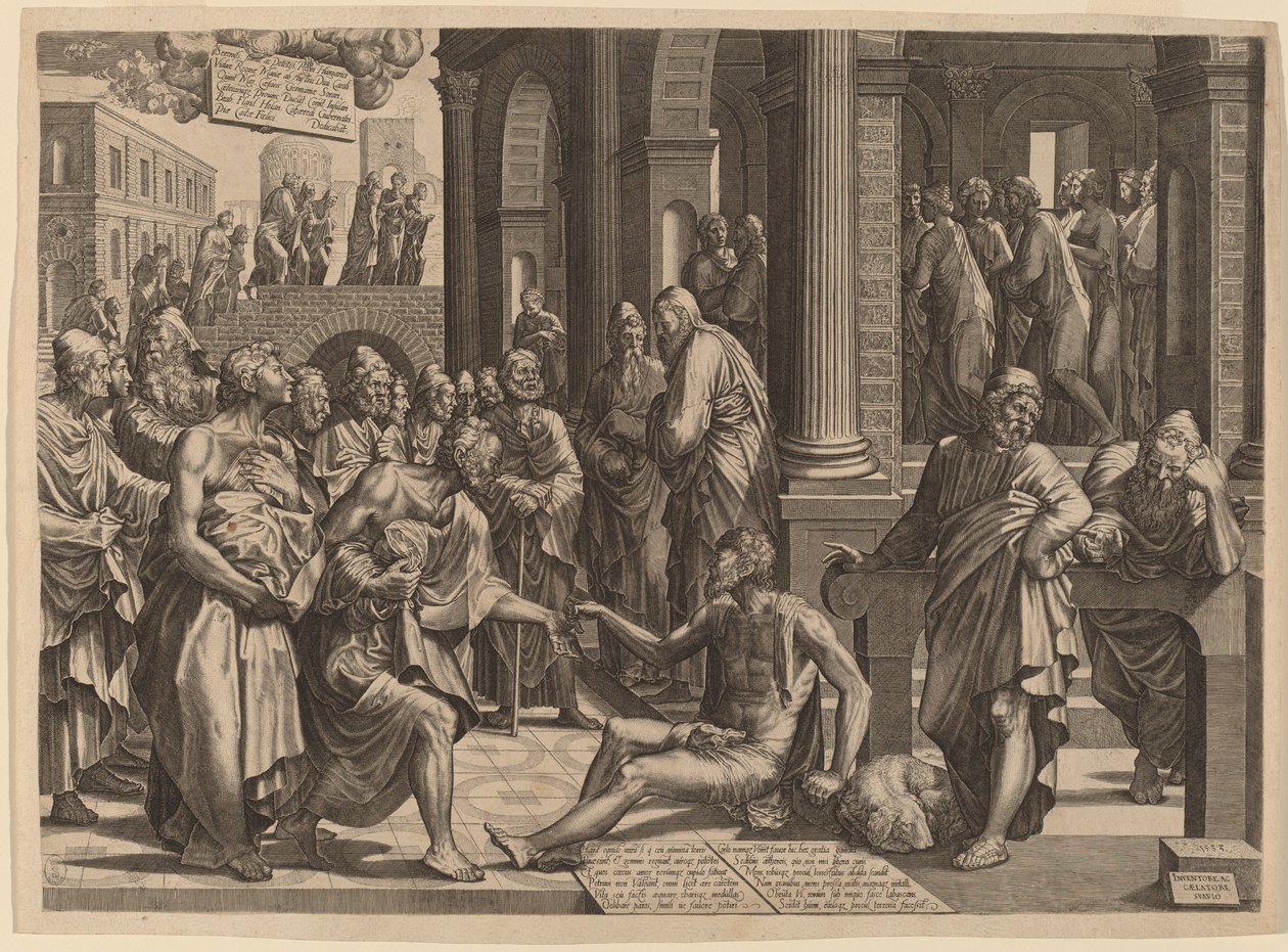 Apostlene Peter og Johannes helbreder den lamme af Lambert Suavius