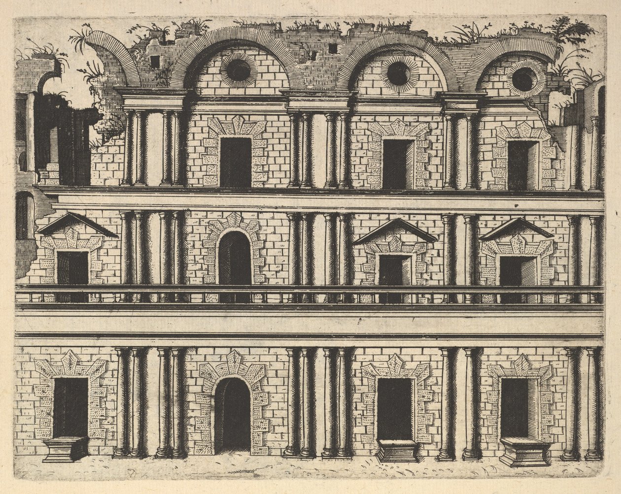Ruin of a Palace Facade [Palace M. Agrippa] fra serien "Ruin of Different Fabricaru ..., 1554. af Lambert Suavius