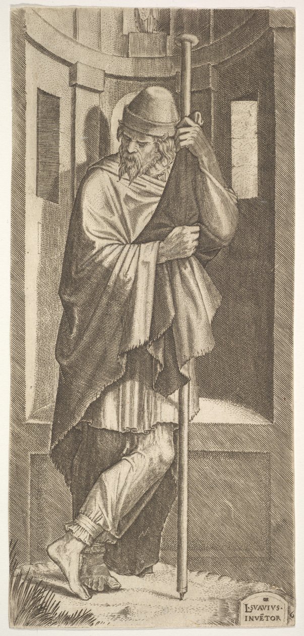 St. James Major lænet sig op af en stang foran en niche, hans venstre ben krydsede over hans højre, fra..., 1545. af Lambert Suavius