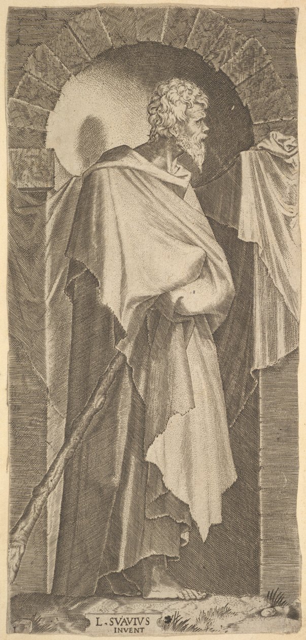 St. James Minor i en buet niche, med en vandrestav i hænderne, som er c..., 1545. af Lambert Suavius