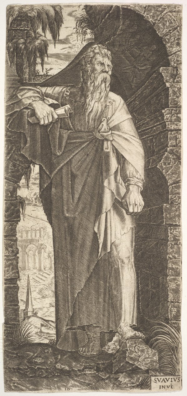 St. Paul stående under en forvokset bue, hans venstre fod placeret på en klippe, hans højre hånd..., 1545. af Lambert Suavius