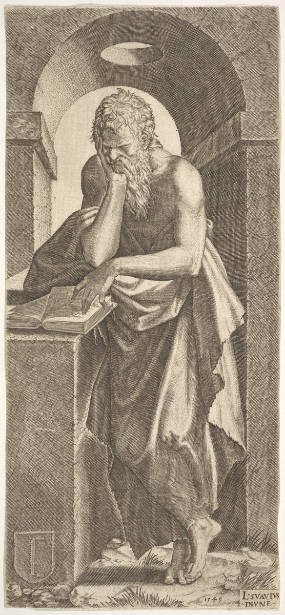 St. Simon stående foran en åben bog med fingrene på sin venstre hånd presset på ..., 1545. af Lambert Suavius