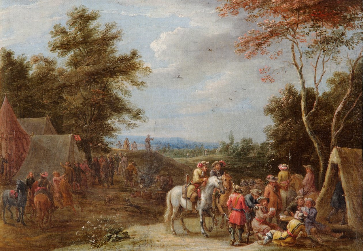En lejr med soldaters spillekort, ca. 1660 (olie på lærred) af Lambert de Hondt