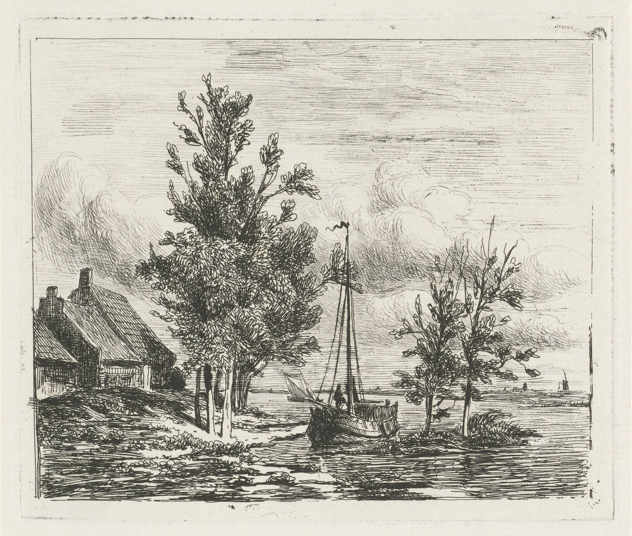 Flodlandskab med sejlskib og gård af Lambertus  Hardenberg
