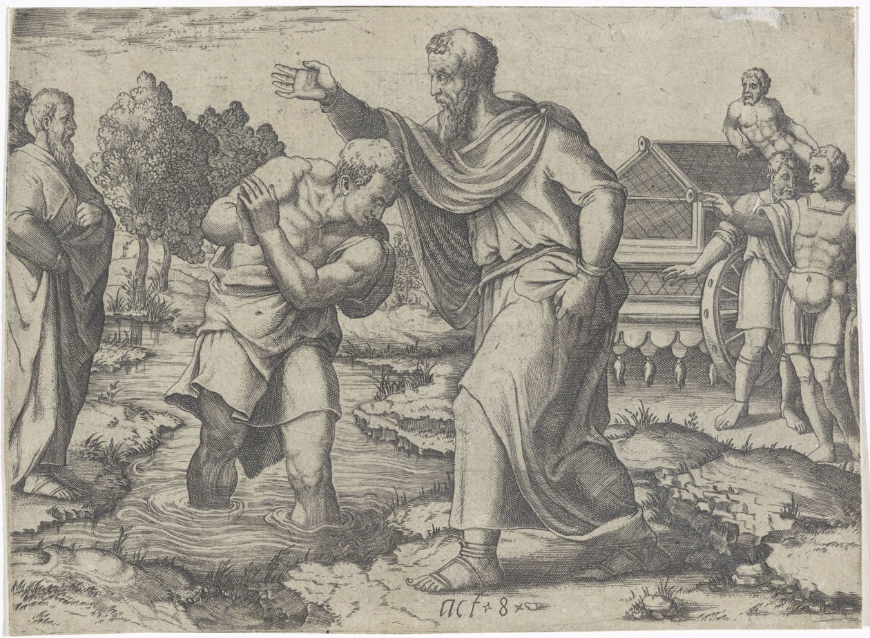 Dåb af den etiopiske eunuk af Philip Scener fra Apostelgerningers Bog (serietitel) af Lambertus Suavius (attributed to)