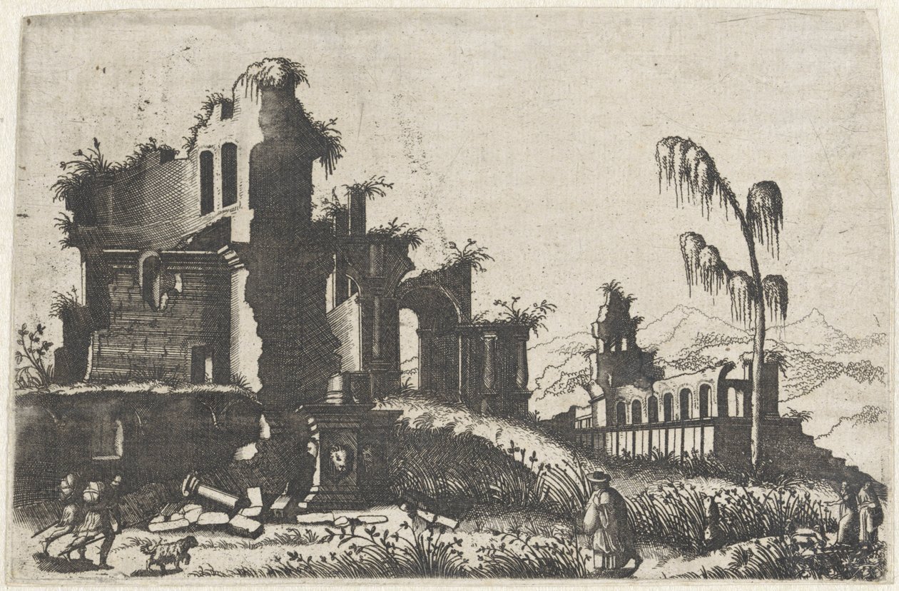 Landschap met bekrövde ruïnes en rejsende Tegninger af ruiner af forskellige fabrikater meget nyttige for malere og andre kunstnere af den slags (serietitel) af Lambertus Suavius