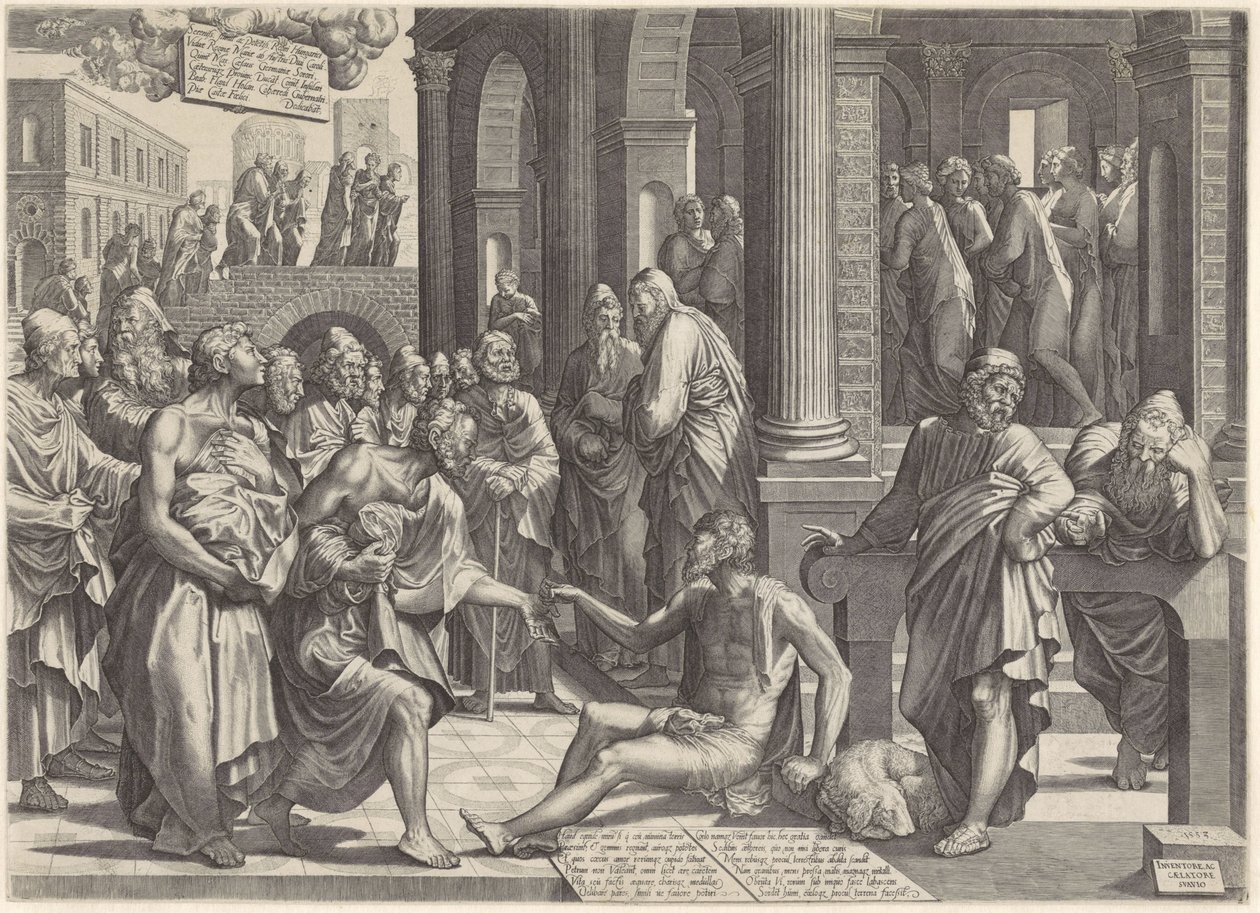 Peter og Johannes helbreder den krøblinge ved templets port Peter og Johannes helbreder en krøbling ved tempelporten af Lambertus Suavius
