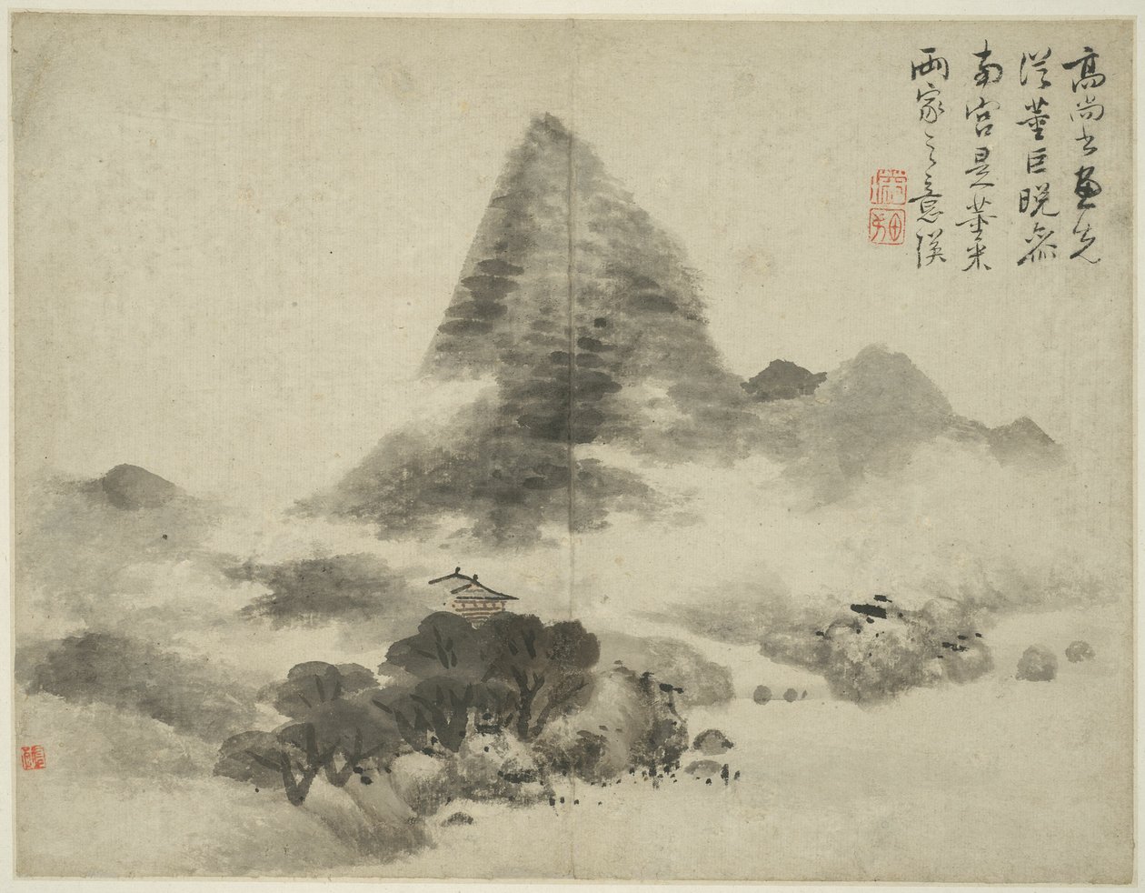 Landskab i stil med antikke mestre: efter Gao Shangshu, efter Dong Yuan (aktiv 937-975) og Ju Ran, og senere i stil med Mi Fu (1051_-1107) af Lan Ying