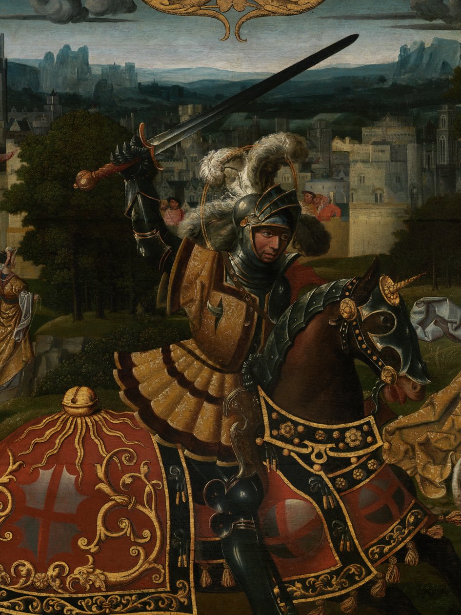 Detalje af legenden om St. George (olie på panel) af Lancelot (school of) Blondeel
