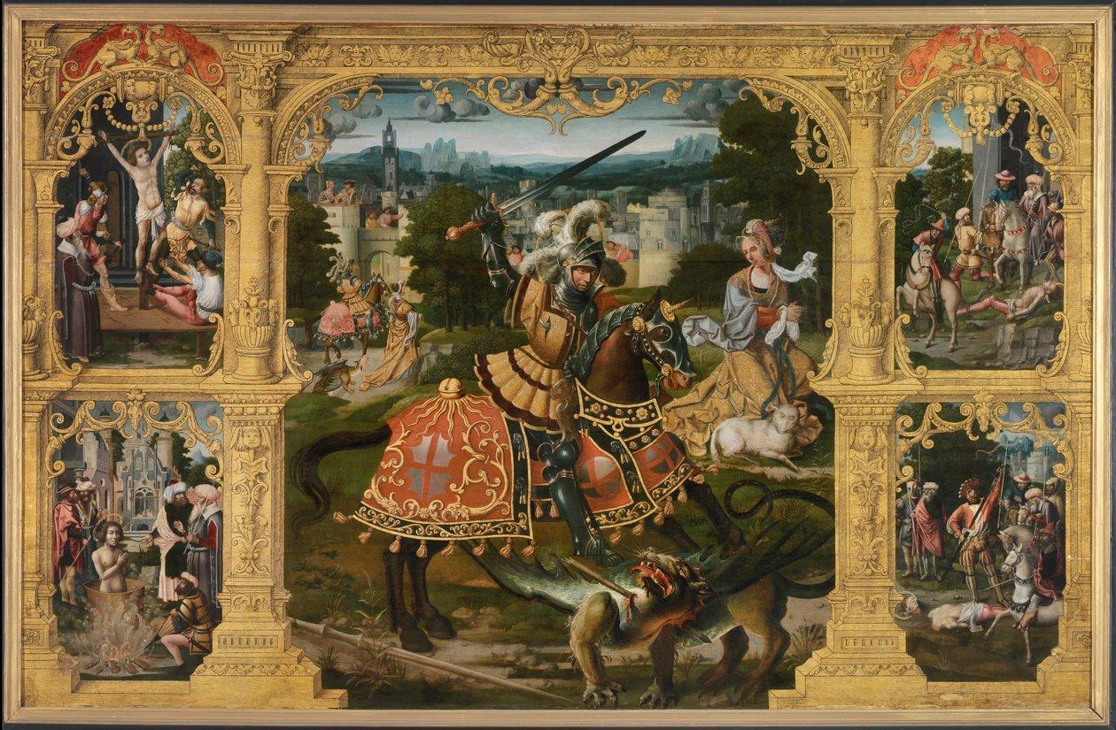 Legend of St. George (olie på panel) af Lancelot (school of) Blondeel