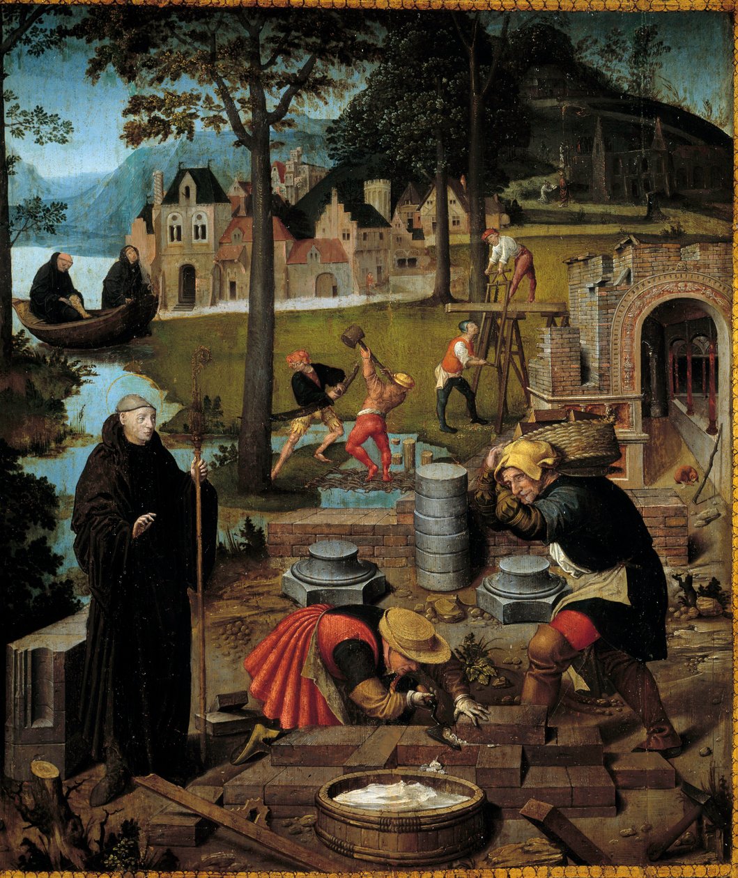 Legenden om Saint Bertin: Abbe Saint Bertin af Sithiu (610-709) leder opførelsen af klostret Sithiu i Saint Omer. Detalje af et panel tilskrevet Lancelot Blondeel (1495-1561) fra Saint Bertins skat. Museum of Fine Arts, Dijon af Lancelot Blondeel