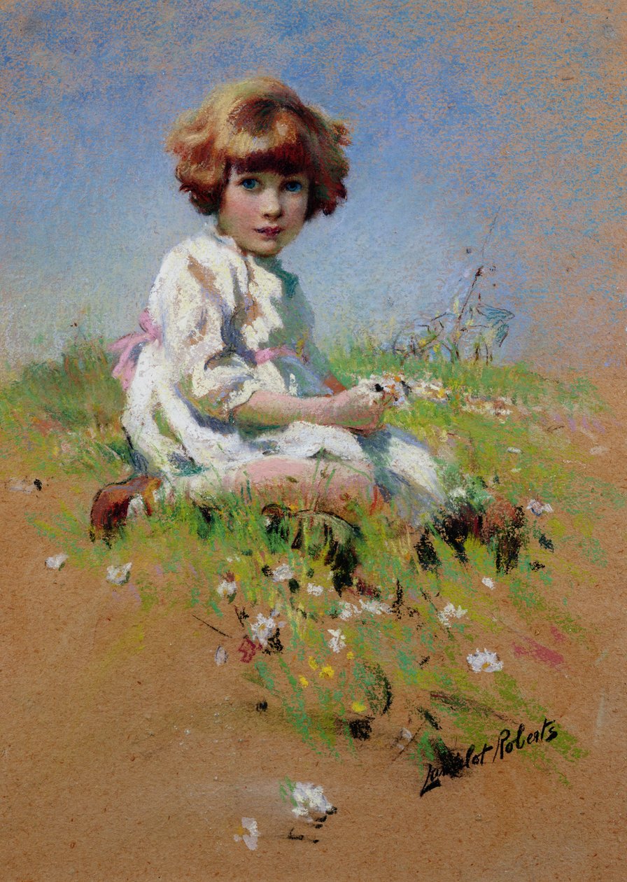 Marjorie - a A Girl Picking Daisies (pastel på papir) af Lancelot Roberts