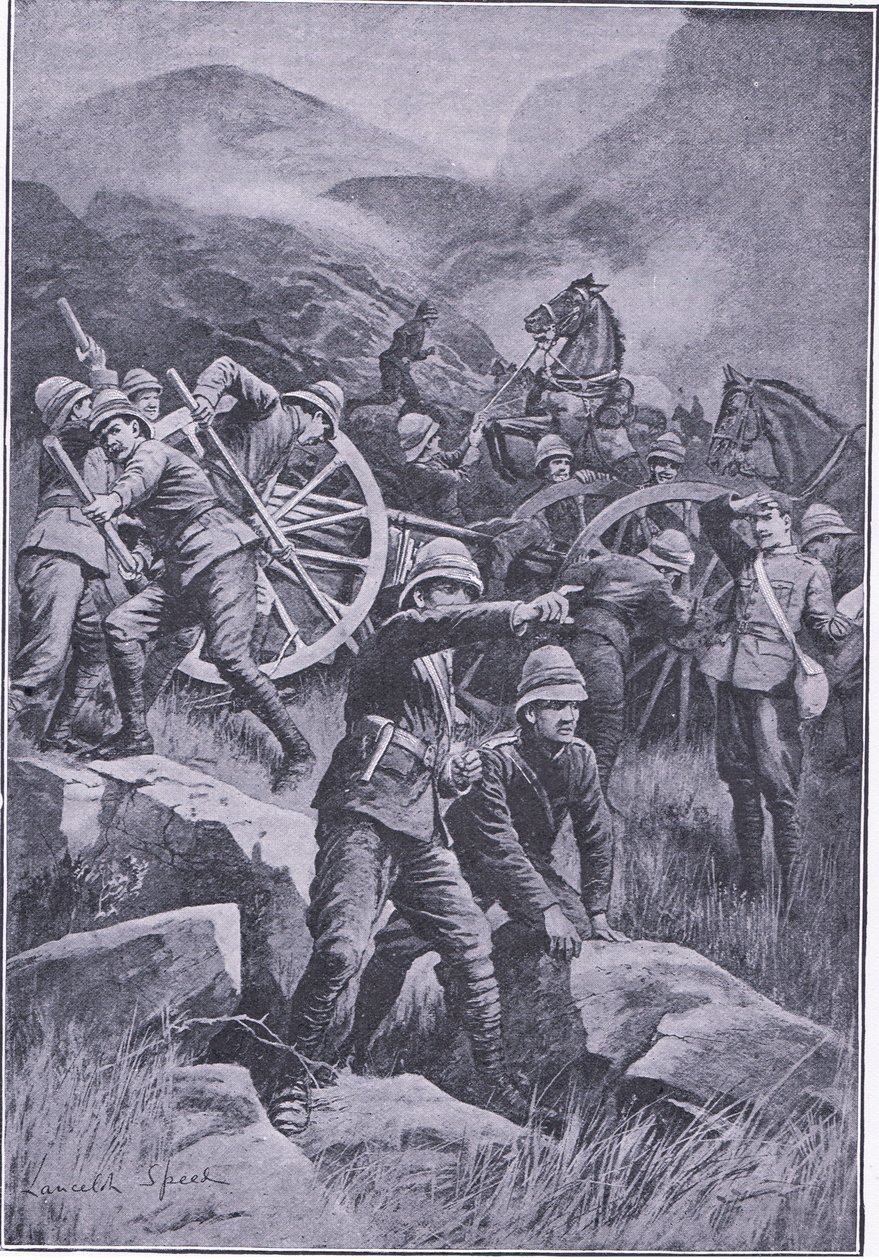 En pistol væltet på en bjergskråning, fra After Pretoria: The Guerilla War udgivet af Harmsworth Bros Limited, 1901 af Lancelot Speed