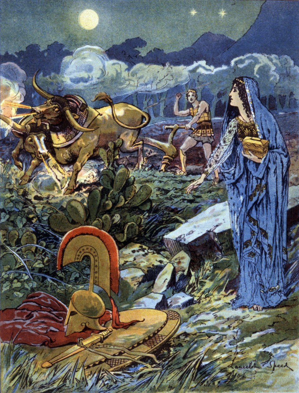 Jason, hjulpet af Medea, der pløjer marker på Mars, ca. 1900 (illustration) af Lancelot Speed