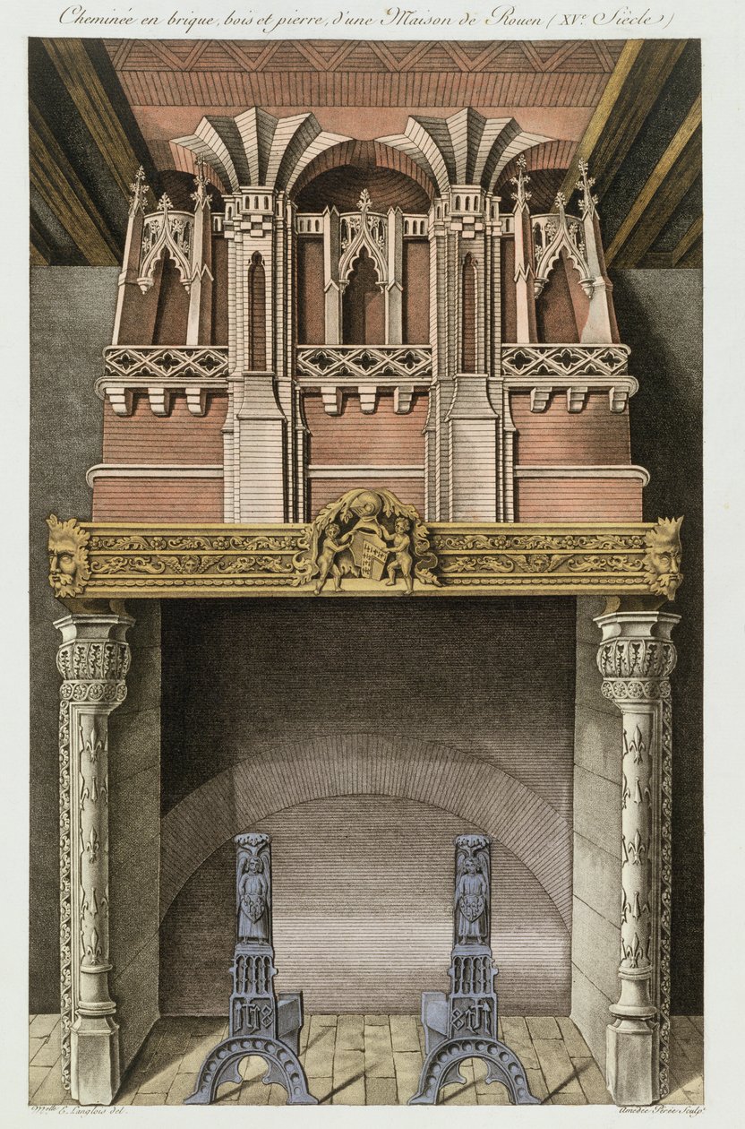Skorsten fra et hus fra det 15. århundrede i Rouen, fra Monuments Francais, litografi af Amedee Peree, 1839 af Langlois E.