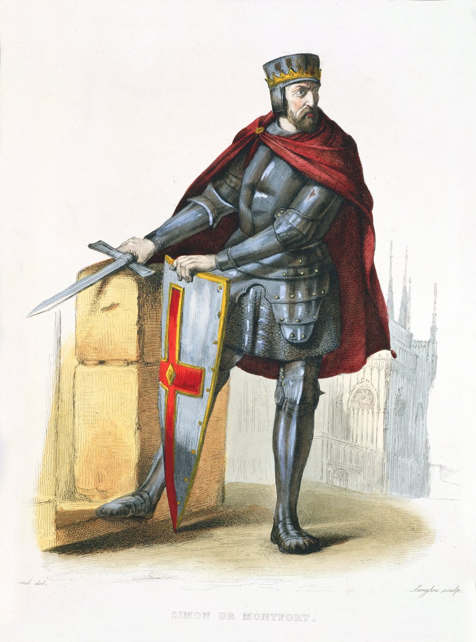 Simon de Montfort 1150-1218 illustration fra Le Plutarque Francais af E. Mennechet, 1835 farvet gravering af Langlois E.