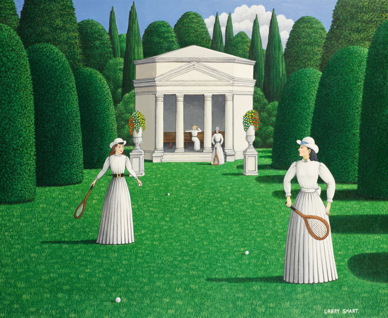Edwardian Ladies Playing Tennis, 1978 (akryl på linned) af Larry Smart