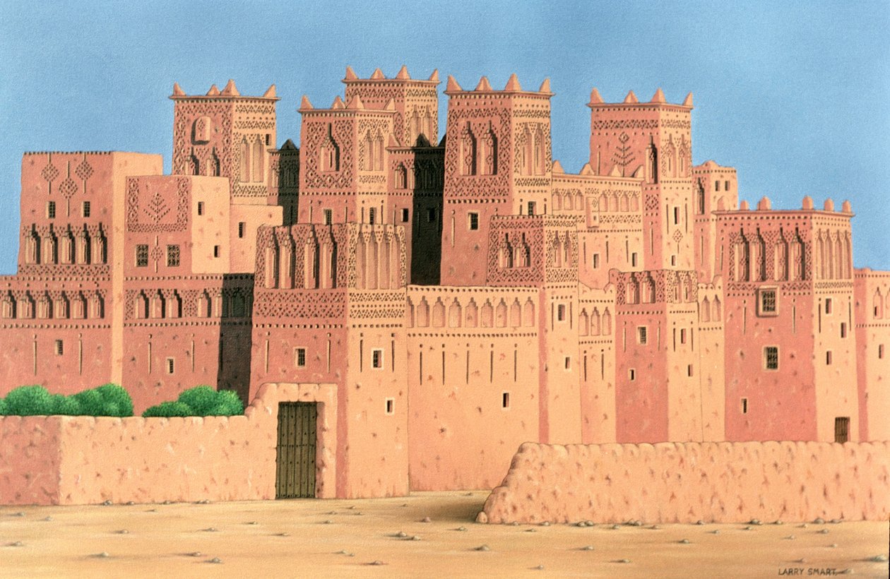 Kasbah, det sydlige Marokko, 1998 (akryl på linned) af Larry Smart