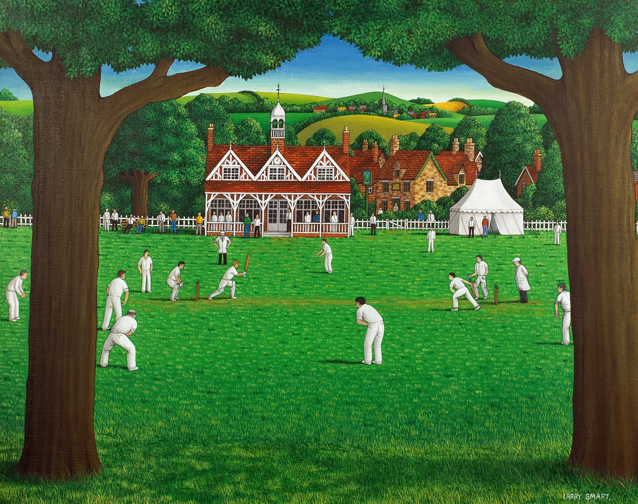 The Cricket Match, 1987 (akryl på linned) af Larry Smart