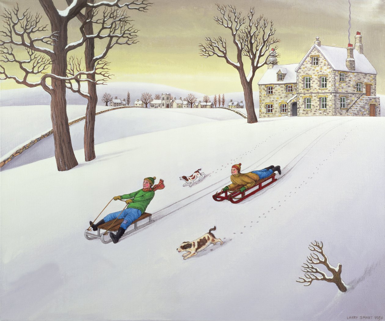 Kælkning, 1986 (akryl på linned) af Larry Smart