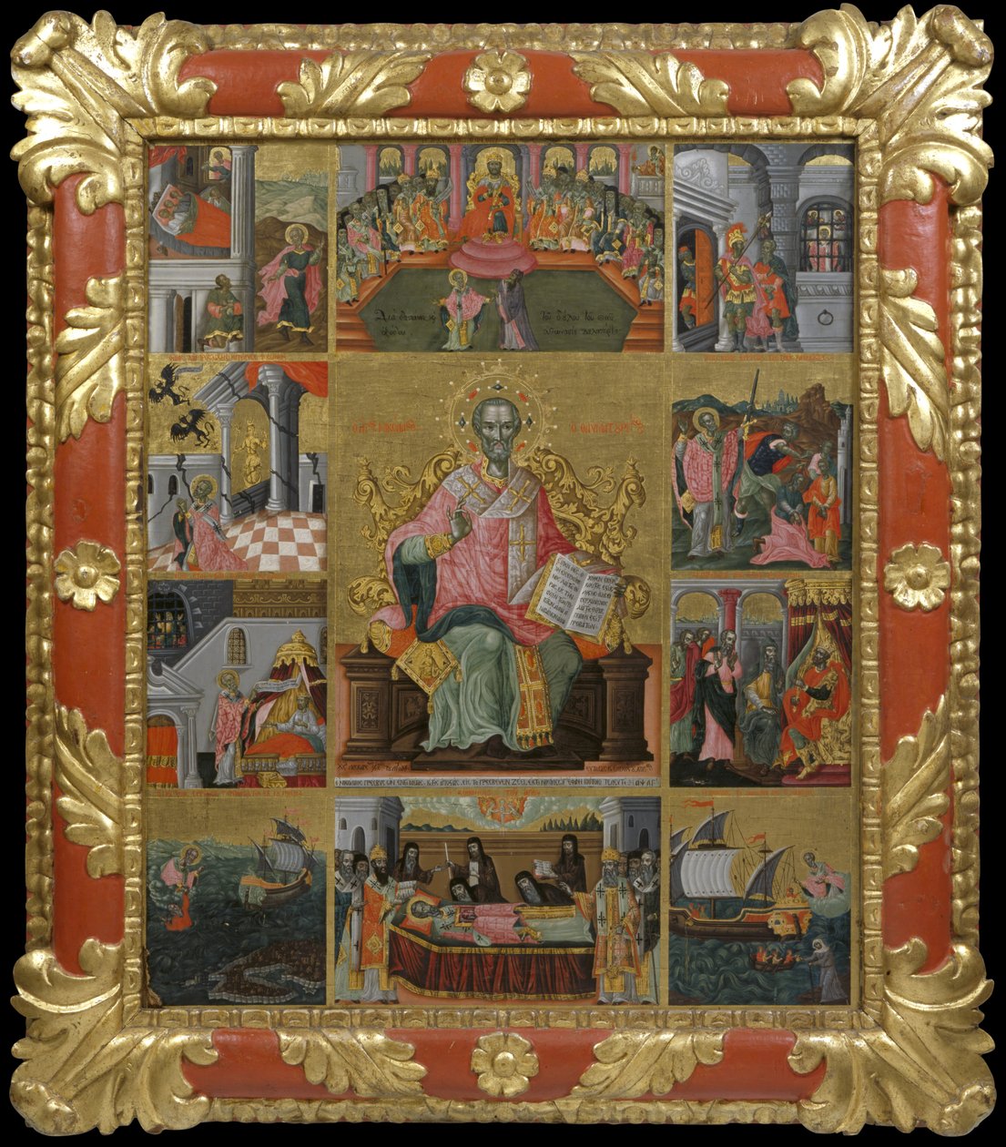 Ikon af Sankt Nikolaus med scener fra hans liv og mirakler, 1733 (ægtempera og bladguld på panel) af Laskaris Leichoudis