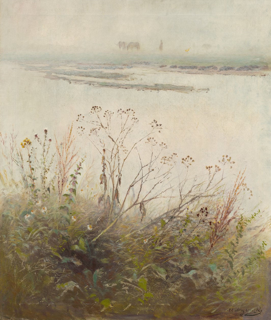 Shore of Flooded River i Blossom af Laszlo Mednyanszky