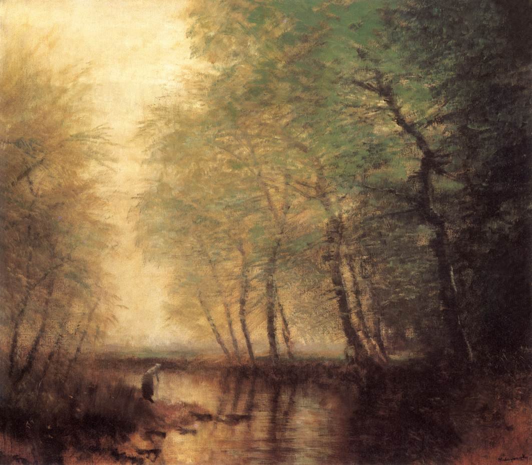 Waterside Scene med figur af Laszlo Mednyanszky