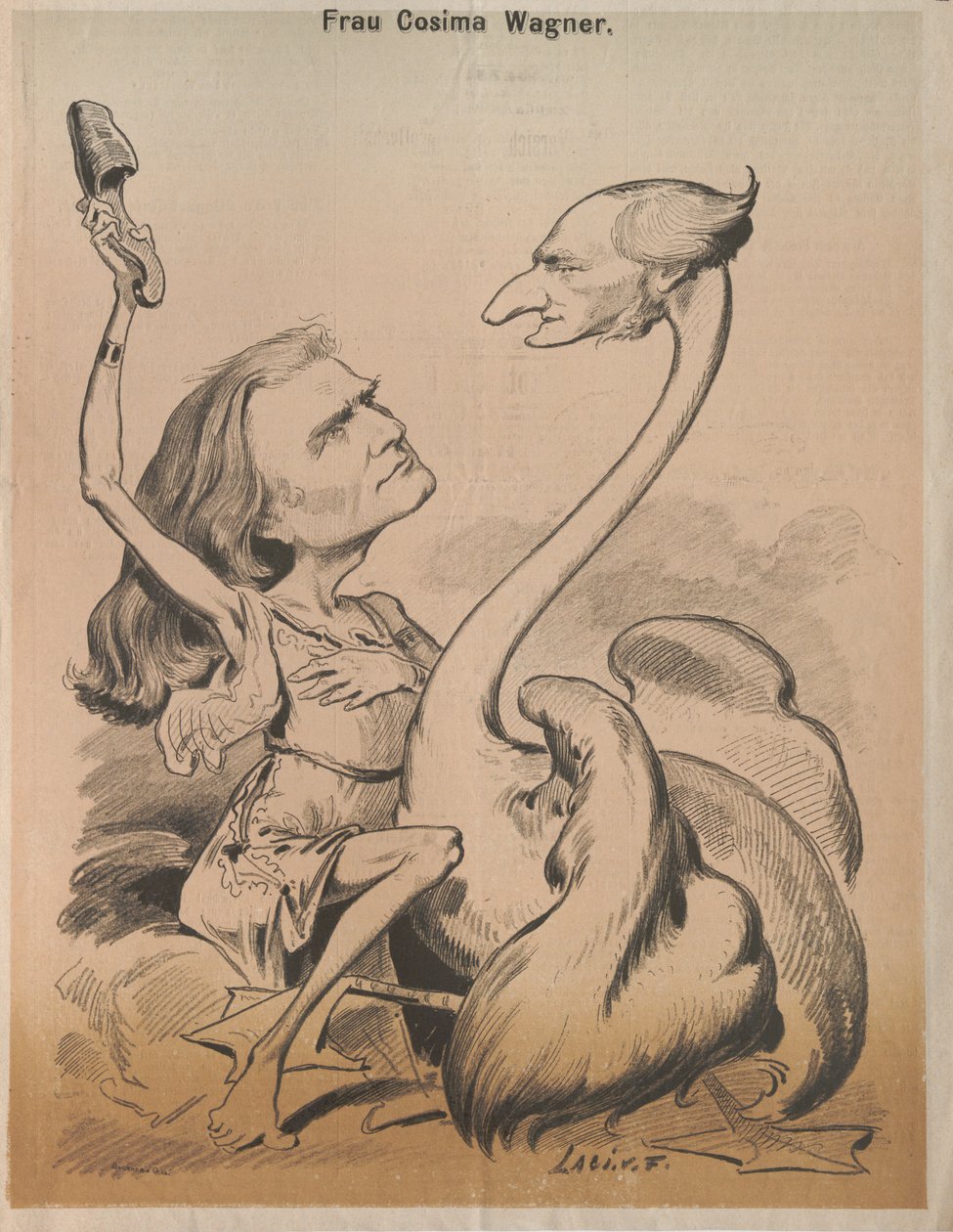 Richard Wagner som Swan og Cosima Wagner som Leda Cover af Die Bombe, 1875. af Laszlo Frecskay