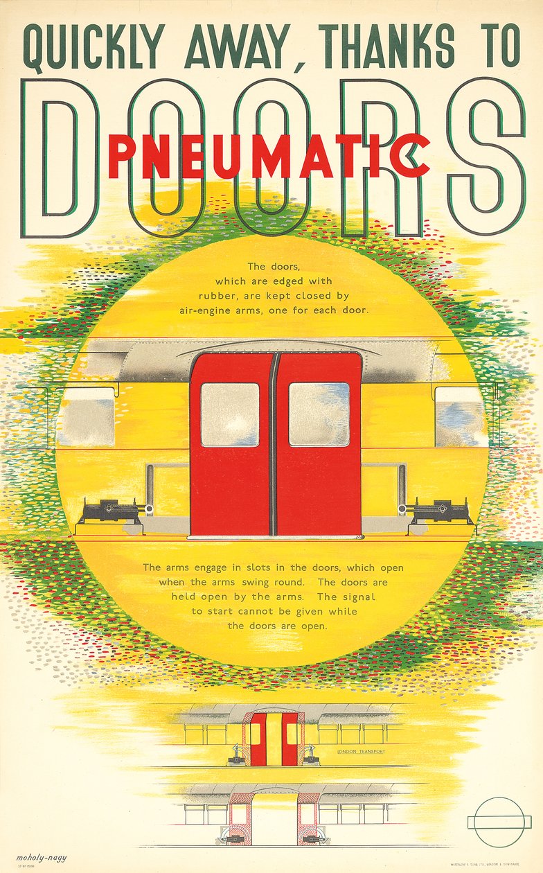 "Quickly Away, Thanks to Pneumatic Doors", en London Transport-plakat, 1937 af Laszlo Moholy Nagy