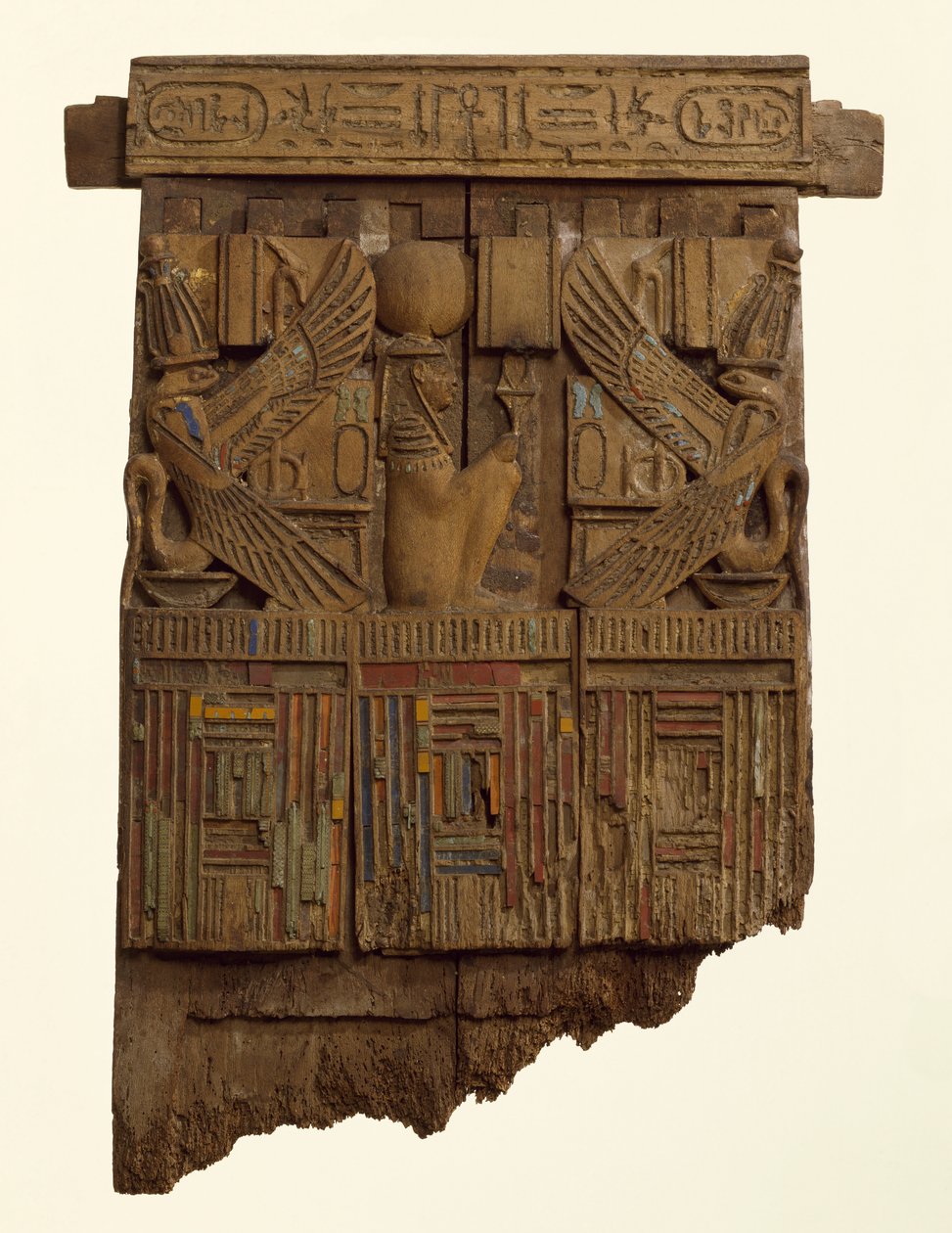 Panel, sandsynligvis fra stoleryggen, fra Abusir (træ og glas) af Late Period Egyptian