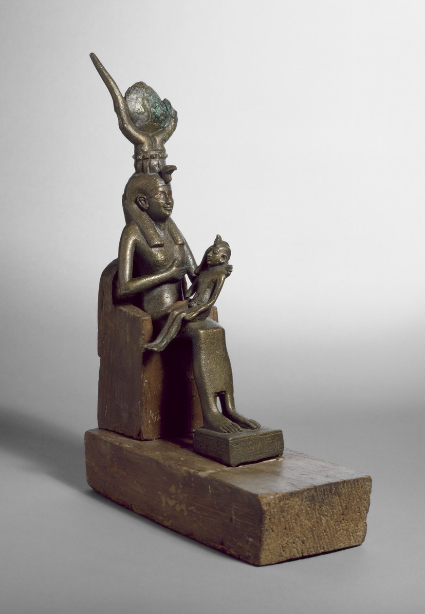 Votiv statuette af Isis, der dier barnet Horus, fundet ved Saqqara sammen med original trætrone og base (bronze) af Late Period Egyptian