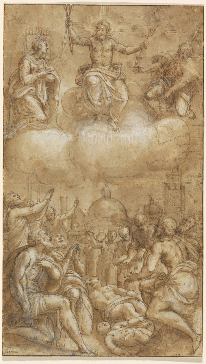 Pestofre, der beder om hjælp fra Kristus, Jomfruen og Saint Roch af Lattanzio Gambara