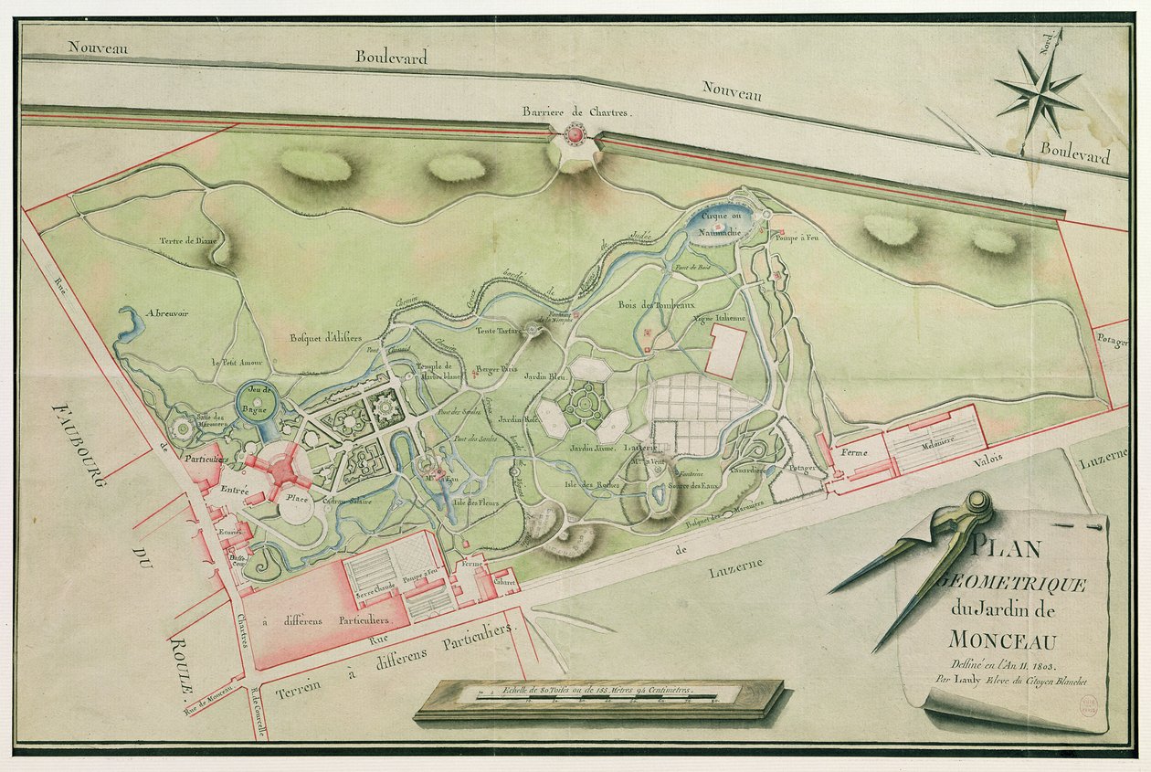 Plan af Parc Monceau, 1803 (pen og blæk og wc på papir) af Lauly