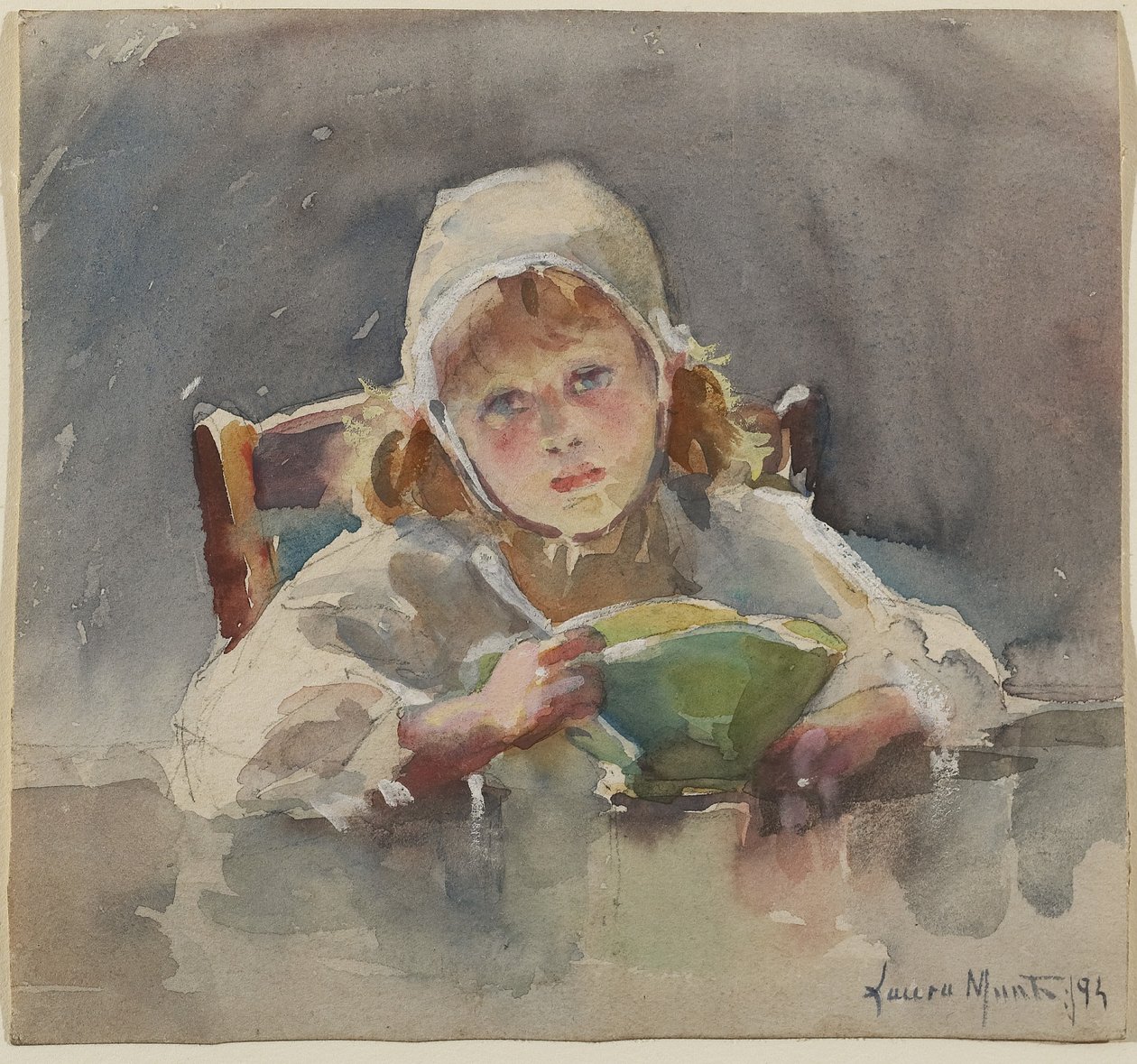 Barn med grøn skål, 1895 (grafit, wc og gouache på papir) af Laura Muntz Lyall