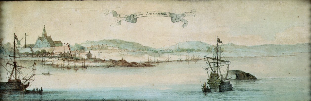 New Amsterdam, New Holland, 1650 (wc og blæk på papir) af Laurens Block