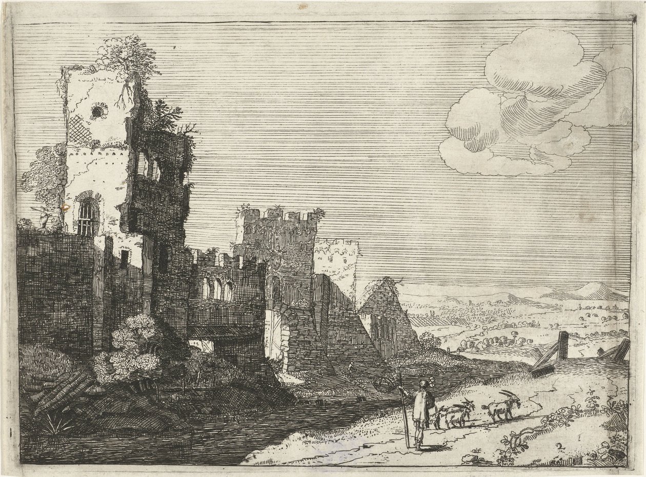 Gedehyrder ved en slotsgrav Landskaber med gamle romerske bygninger (serietitel) af Laurens Barata