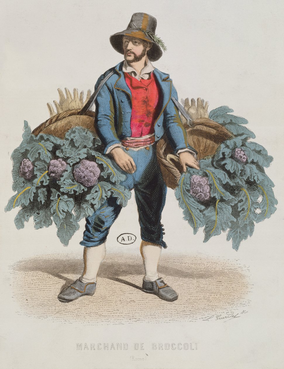 Broccoli-sælger i Rom, midten af det 19. århundrede (farvestik) af Laurent Francois Guerdet