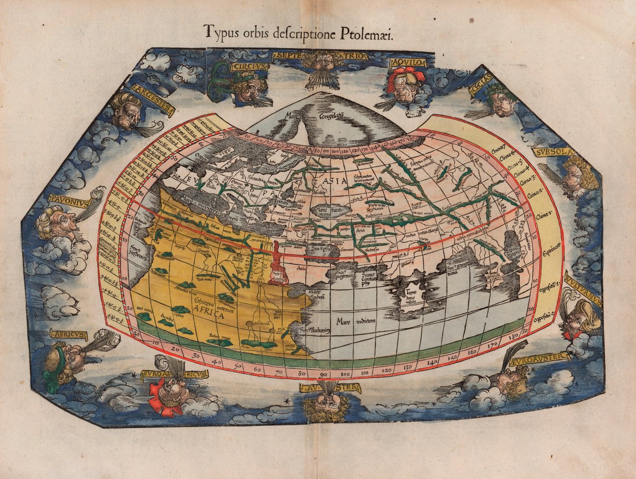 Et verdenskort som nedskrevet af Ptolemaios (Typus Orbis Descriptione Ptolemaei) af Laurent Fries fra Gaspar Trechlets genoptryk fra 1541 af hans 1522 -kort til Ptolemaios geografi af Laurent Fries