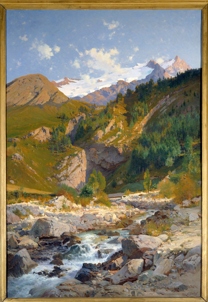 Floden har Chavalchere, Tabuchet-gletsjeren og Meije-bjerglandskabet. Maleri af Laurent Guetal (1841-1892) 1888 Grenoble, Musee des Beaux Arts af Laurent Guétal