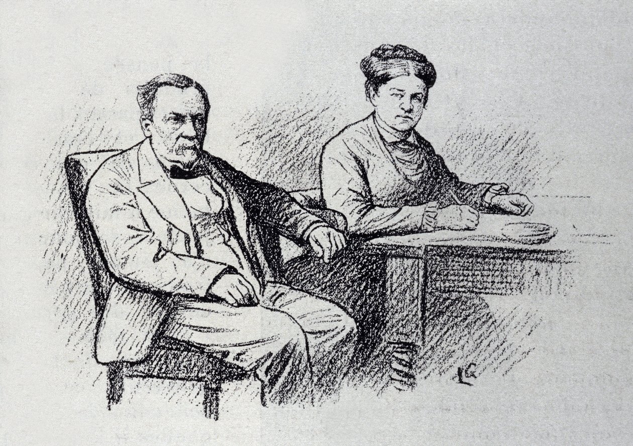 Portræt af Louis Pasteur (1822-1895), fransk kemiker og fysiker, der dikterer et forhold til sin kone Marie Laurent. Skitse af Lucien Laurent-Gsell (Laurent Gsell) (1860-1944). DR af Laurent Lucien Gsell
