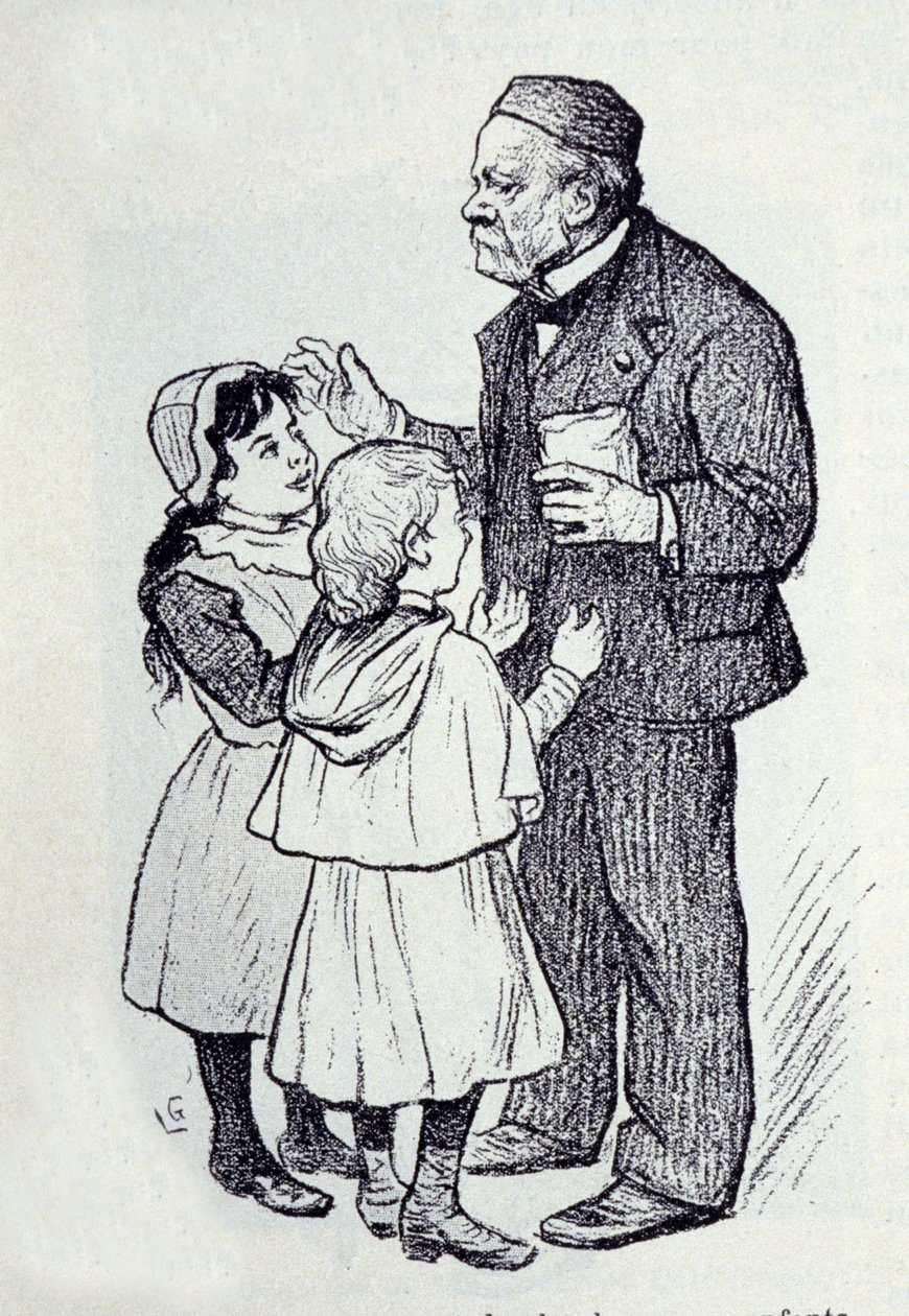 Portræt af Louis Pasteur (1822-1895), fransk kemiker og fysiker, der giver slik til instituttets børn. Skitse af Lucien Laurent-Gsell (Laurent Gsell) (1860-1944). DR af Laurent Lucien Gsell