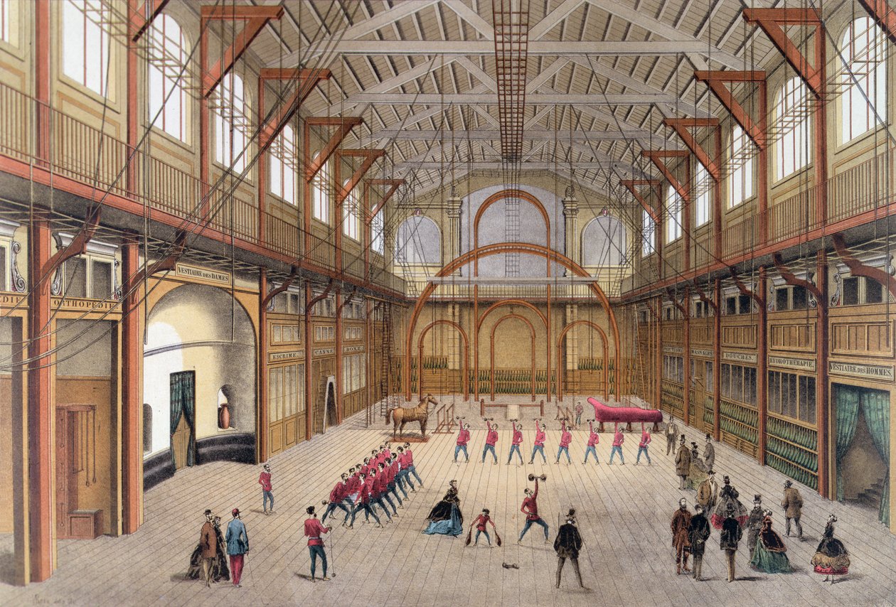 Gymnastiksalen i rue des Martyrs, Paris, grundlagt af Eugene Paz i 1866 (farve litho) af Laurent Victor Rose