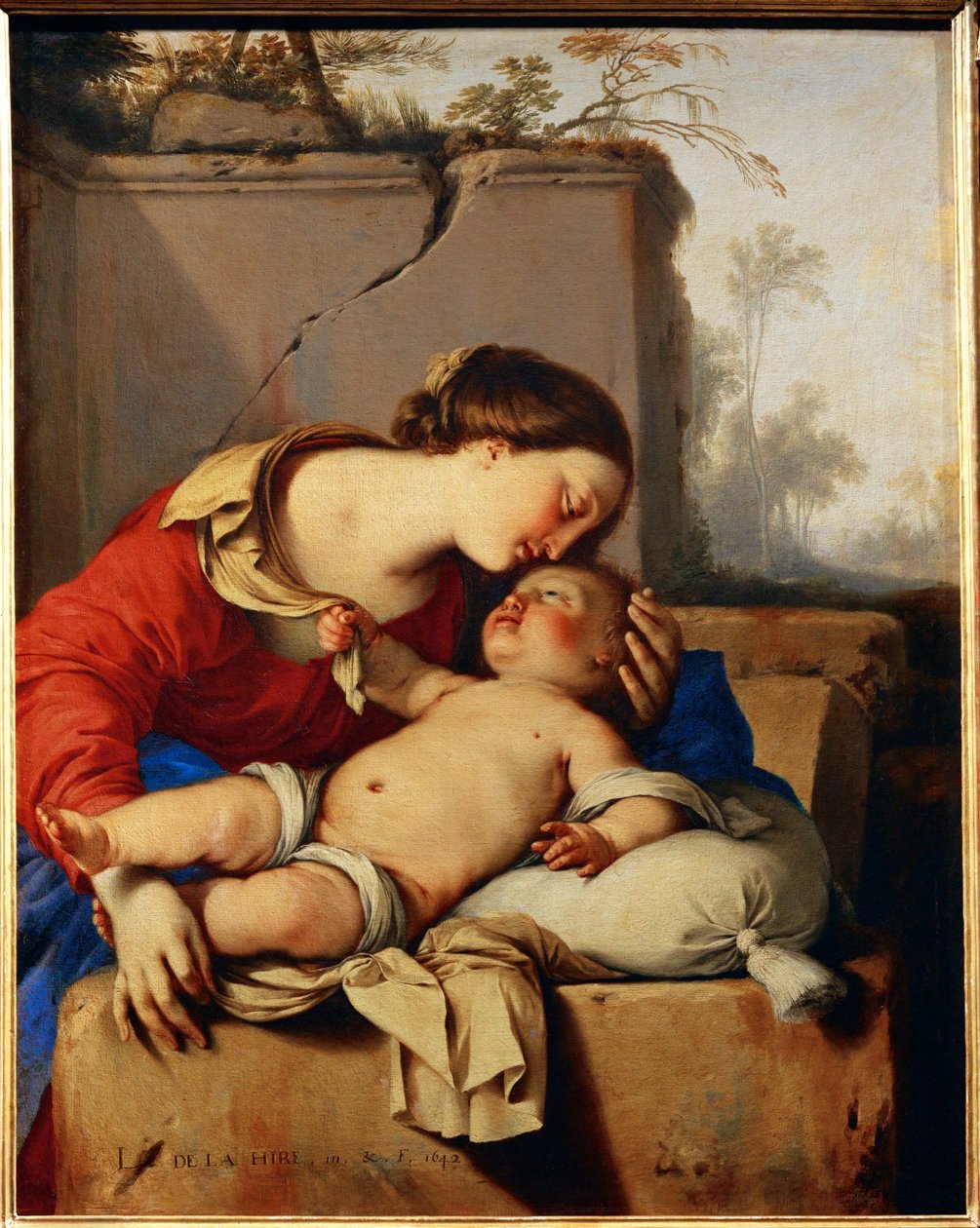 Jomfruen og barnet - Madonna og barnet ... af Laurent de (workshop of) La Hyre