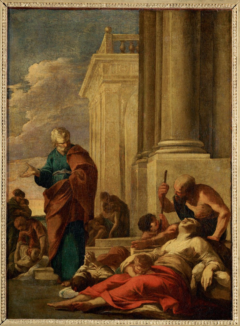 Saint Pierre guerissant les malades avec son ombre - Sankt Peter helbreder de syge med sin skygge ... af Laurent de (workshop of) La Hyre