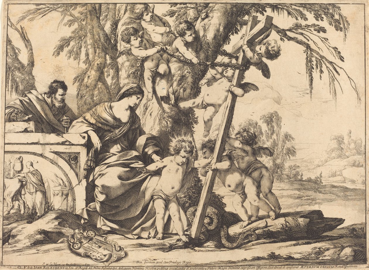 Hellig familie med engle og korset, knuser en slange af Laurent de la Hyre