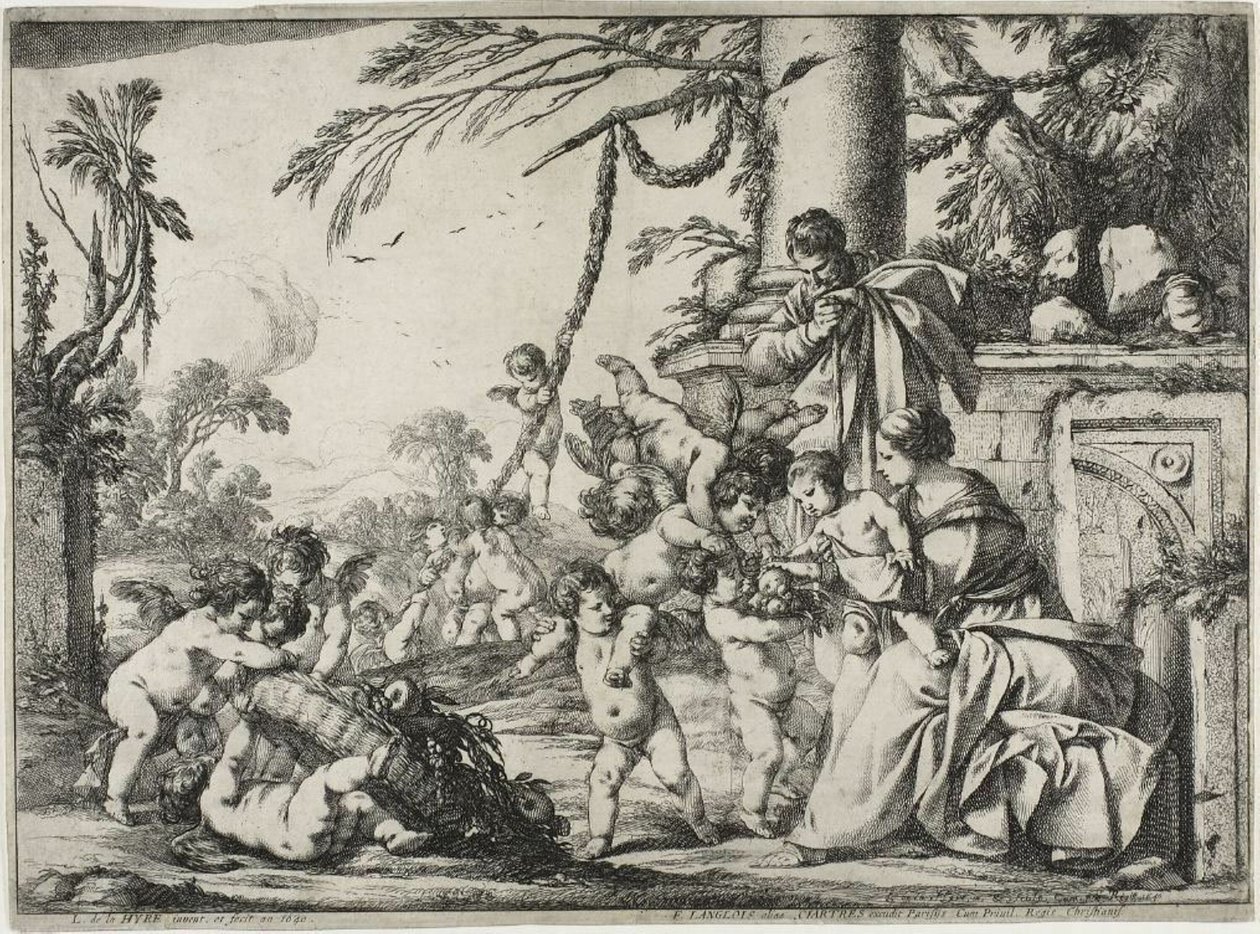 Den hellige familie med Putti af Laurent de la Hyre