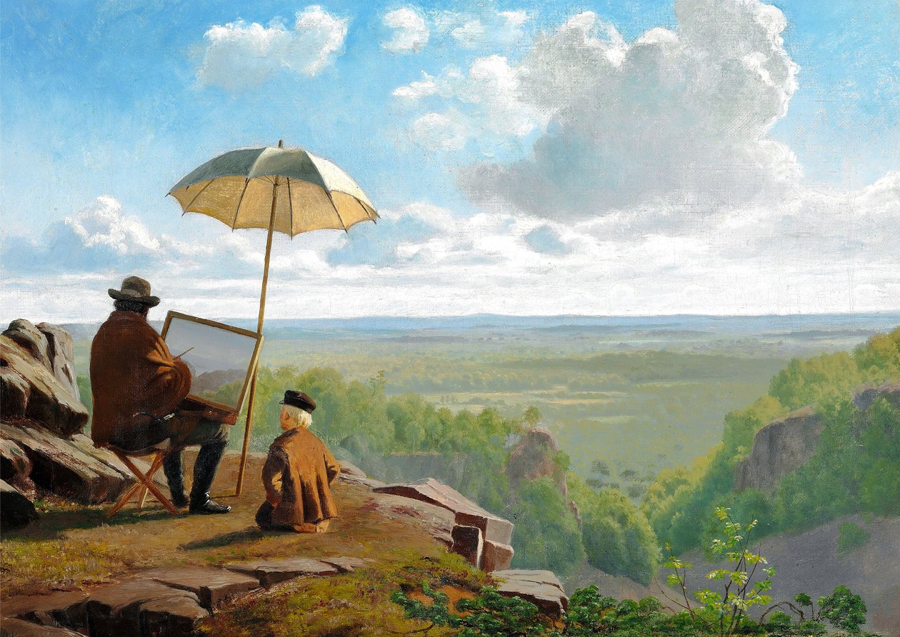 Tidlig morgen i Skäralid i Skåne, Sverige. Kunstneren arbejder under en parasol af Laurids Vilhelm Pacht