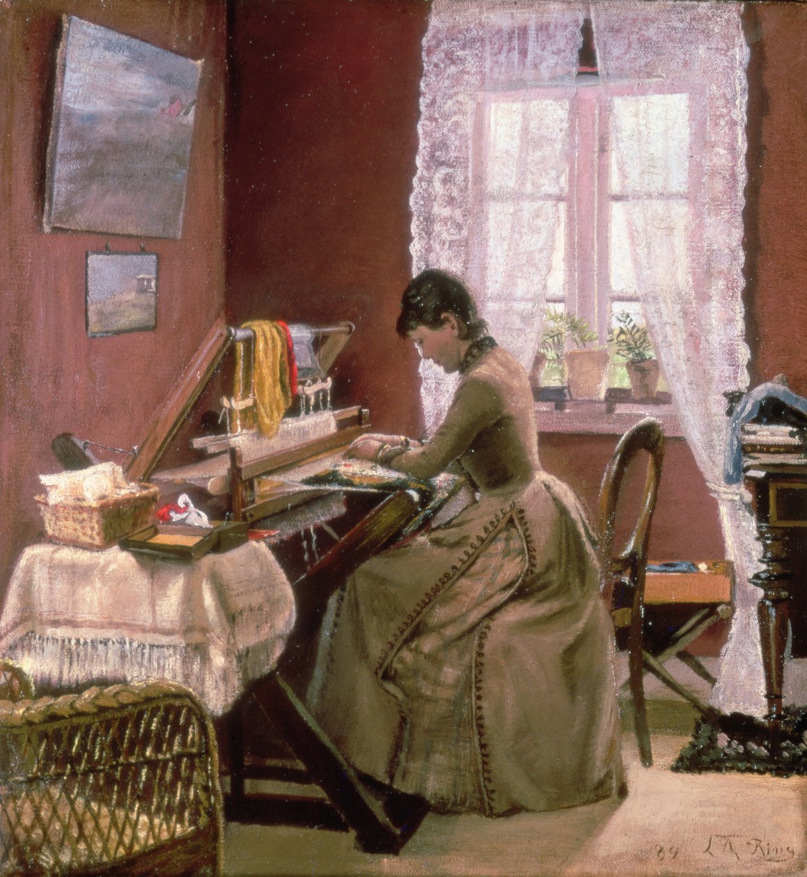 Johanne Wilde, kunstnerens hustru, ved sin væv af Laurits Andersen Ring